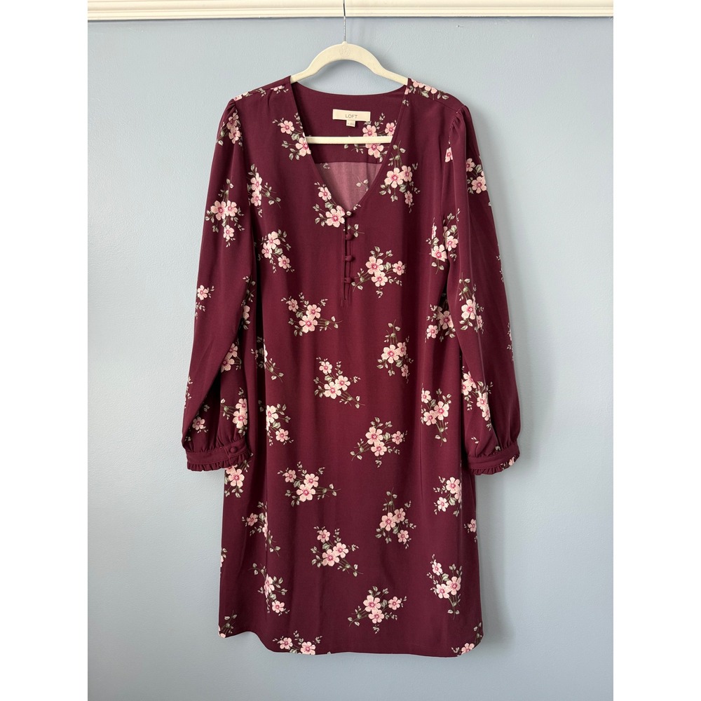 LOFT Burgundy Floral Long Sleeve Dress